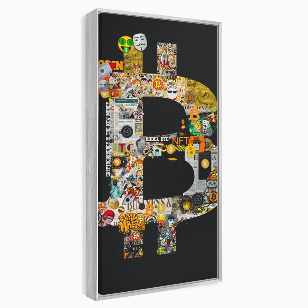 Tablou canvas cu tablou canvas cu simbolul bitcoin din colaje, in rama de aluminiu argintiu